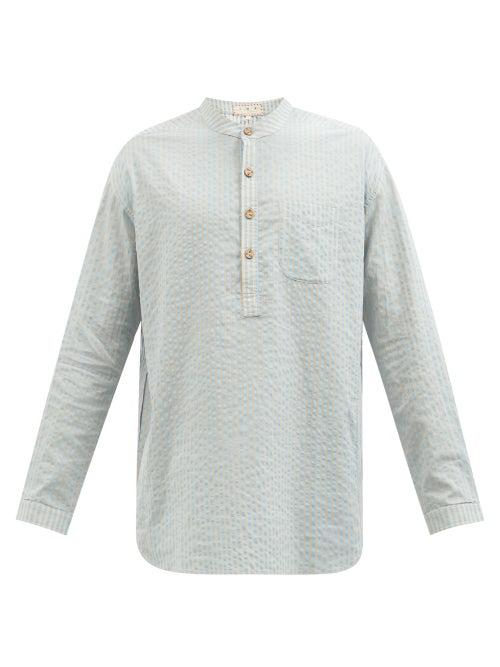 Smr Days - Half-button Striped Cotton-seersucker Shirt - Mens - Blue Stripe