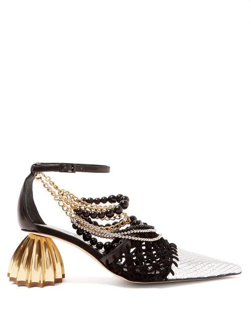 Matchesfashion.com Loewe - Leather And Macram Pointed Pumps - Womens - Black White