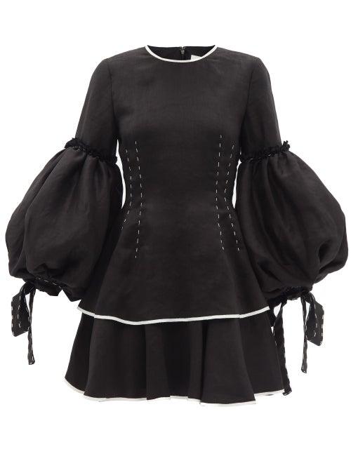 Ladies Rtw Aje - Gracious Balloon-sleeve Linen-blend Mini Dress - Womens - Black