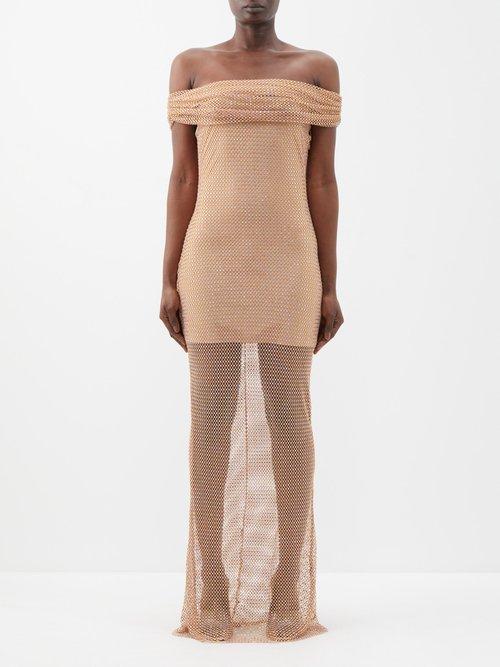 Self-portrait - Off-the-shoulder Crystal-overlay Gown - Womens - Nude