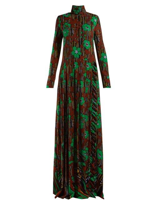 Matchesfashion.com Prada - Floral Print Roll Neck Gown - Womens - Green Multi