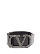 Matchesfashion.com Valentino - V Logo Crystal Embellished Leather Belt - Womens - Black