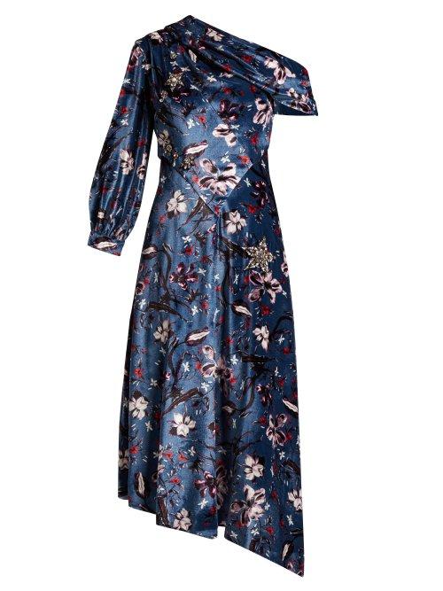 Matchesfashion.com Erdem - Jacobina Tulip Dream Print Velvet Gown - Womens - Blue Multi