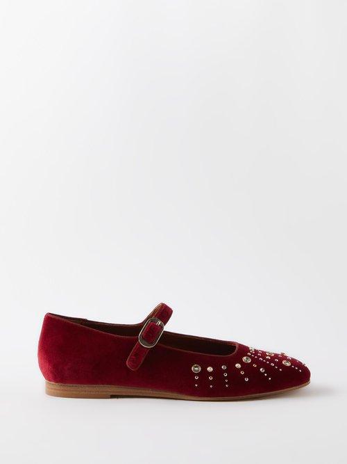 Le Monde Beryl - Embellished Velvet Mary Jane Flats - Womens - Red