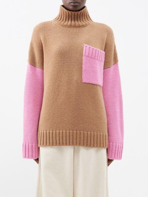Jw Anderson - Turtleneck Patch-pocket Sweater - Womens - Brown Pink