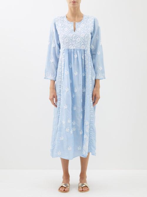 Muzungu Sisters - Floral-embroidered Silk Midi Dress - Womens - Light Blue