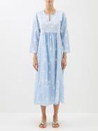 Muzungu Sisters - Floral-embroidered Silk Midi Dress - Womens - Light Blue
