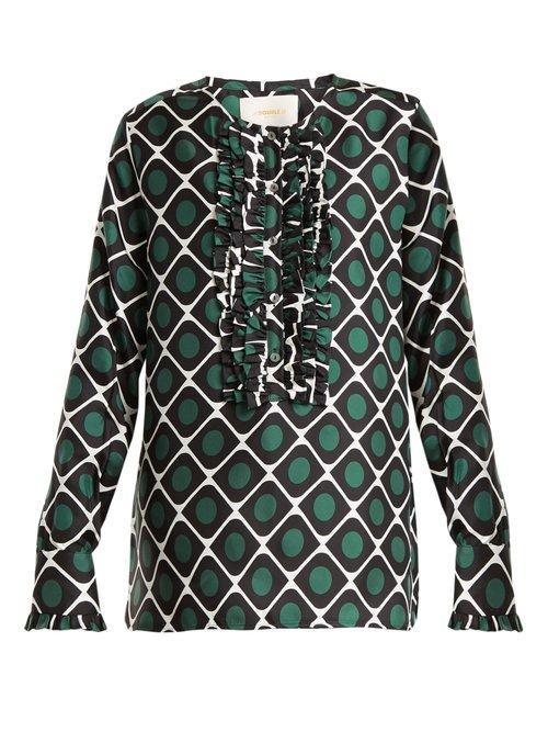 Matchesfashion.com La Doublej - Tuxedo Geometric Print Silk Shirt - Womens - Green Print
