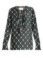 Matchesfashion.com La Doublej - Tuxedo Geometric Print Silk Shirt - Womens - Green Print