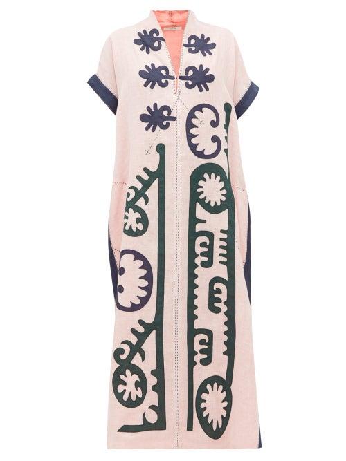 Matchesfashion.com Vita Kin - Marlborough Floral Appliqu Linen Dress - Womens - Light Pink