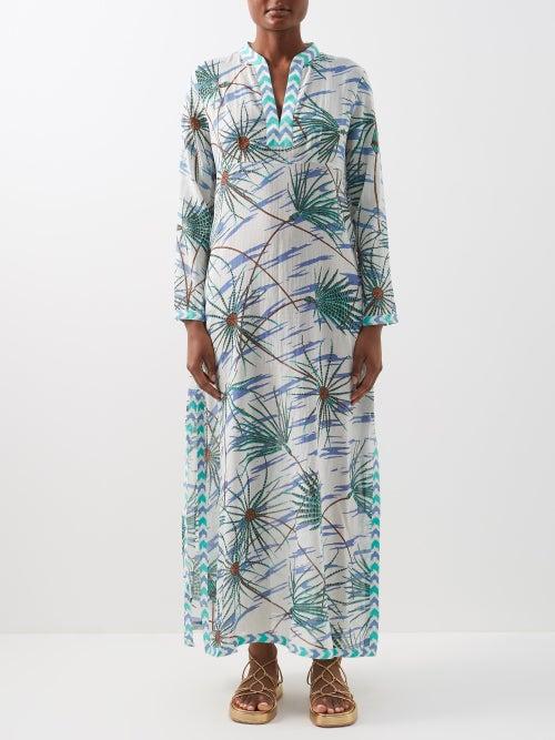 Emporio Sirenuse - Cappa Palm-print Cotton-poplin Kaftan - Womens - Blue Print