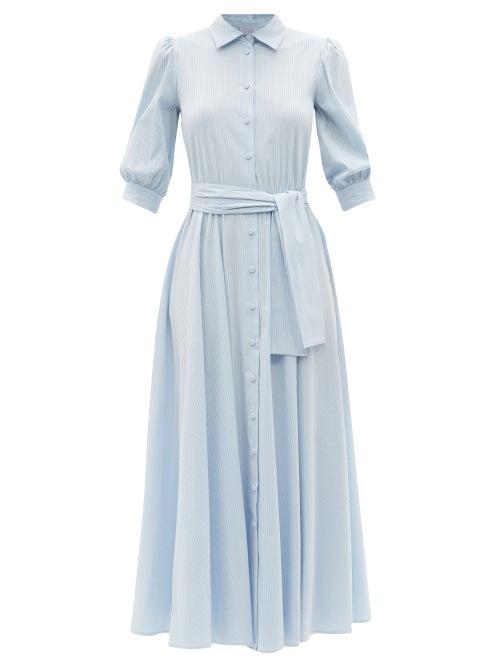Matchesfashion.com Luisa Beccaria - Belted Striped Cotton-blend Midi Shirt Dress - Womens - Blue Stripe