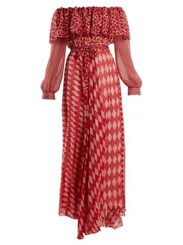 Matchesfashion.com Raquel Diniz - Ane Off The Shoulder Silk Chiffon Dress - Womens - Red Print