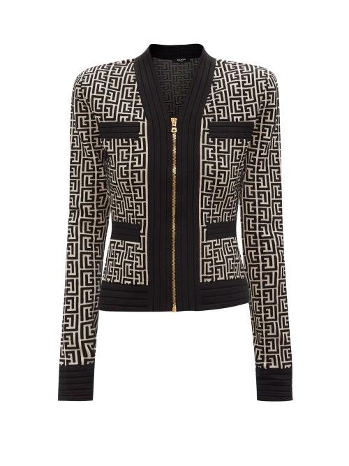 Balmain - Monogram-jacquard Wool-blend Cardigan - Womens - Black White