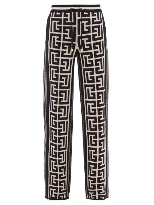 Balmain - Monogram-jacquard Merino-blend Knitted Trousers - Womens - Black White
