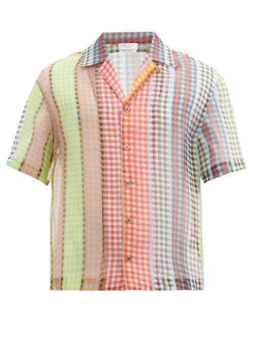 Matchesfashion.com Deveaux - Houndstooth-stripe Cuban-collar Silk-organza Shirt - Mens - Multi