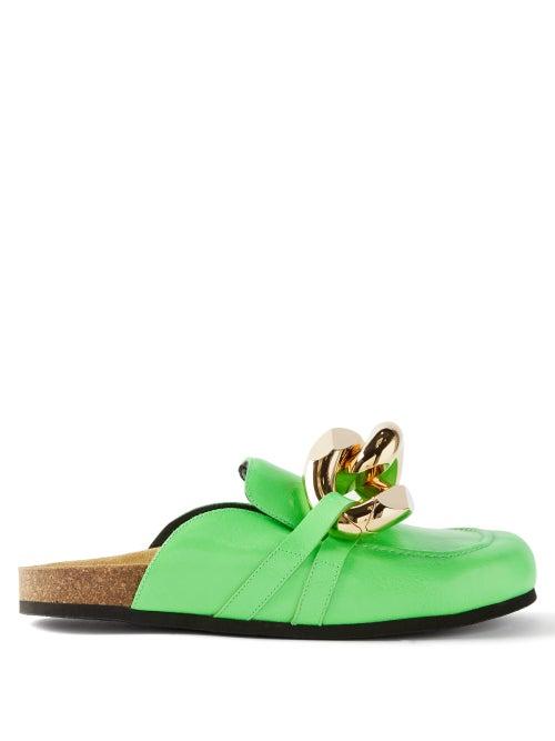 Jw Anderson - Chain Backless Leather Loafers - Mens - Light Green