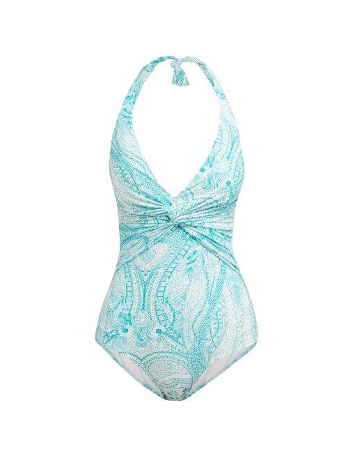 Matchesfashion.com Melissa Odabash - Zanzibar Knotted Halterneck Swimsuit - Womens - Blue Print