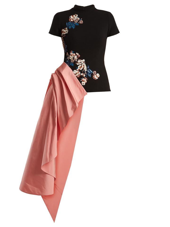 Oscar De La Renta Asymmetric-panel Embellished Wool-blend Wool Top
