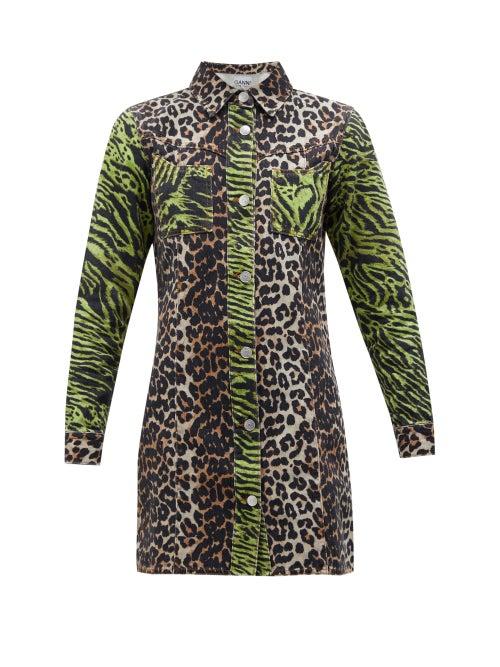 Matchesfashion.com Ganni - Leopard And Zebra Print Cotton Denim Shirtdress - Womens - Brown Multi