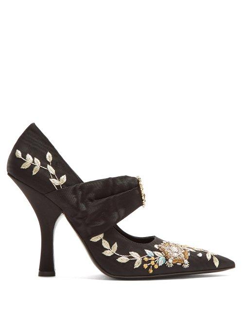 Matchesfashion.com Erdem - Fabiola Point Toe Embroidered Moire Pumps - Womens - Black