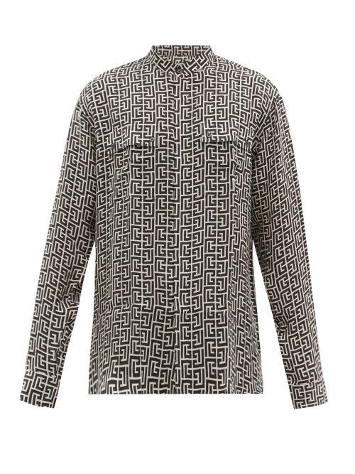 Mens Rtw Balmain - Monogram-print Cupro Shirt - Mens - Black White