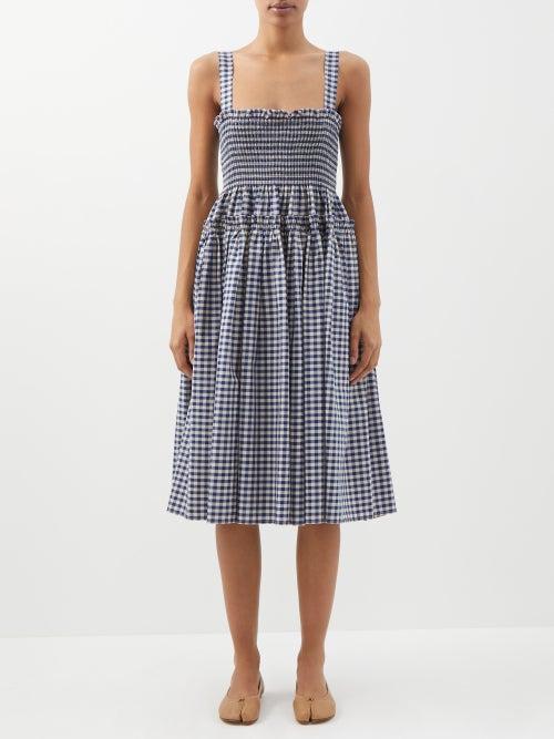 Molly Goddard - Smocked Gingham Cotton Midi Dress - Womens - White Navy