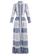 Matchesfashion.com Alexander Mcqueen - Macram Panelled Floral Print Cotton Gown - Womens - Blue White