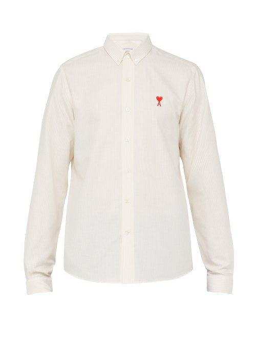 Matchesfashion.com Ami - Logo Embroidered Striped Cotton Shirt - Mens - Light Yellow