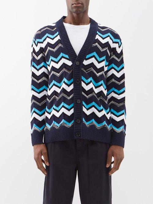 Missoni - Zigzag-intarsia Cotton-blend Cardigan - Mens - Blue Multi