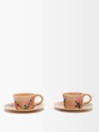 Bernadette - Set Of Two Floral Stoneware Cups And Saucers - Womens - Gold