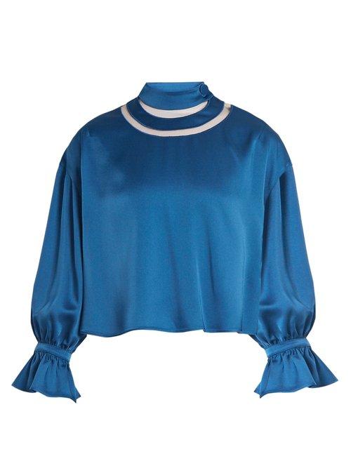 Matchesfashion.com Fendi - High Cut Out Neck Satin Blouse - Womens - Blue