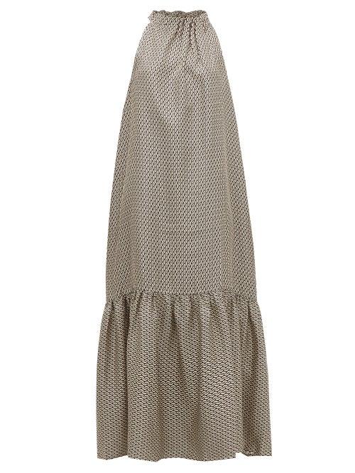 Matchesfashion.com Asceno - Ibiza Halterneck Crescent-print Silk-satin Dress - Womens - Cream