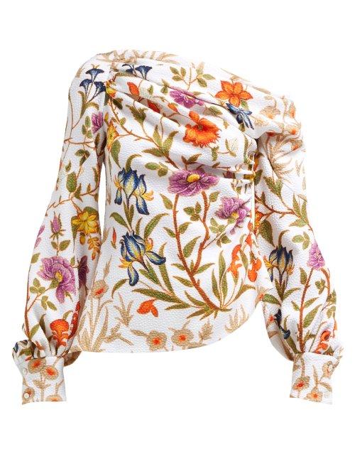 Matchesfashion.com Peter Pilotto - Off The Shoulder Botanical Print Cloqu Blouse - Womens - White Multi