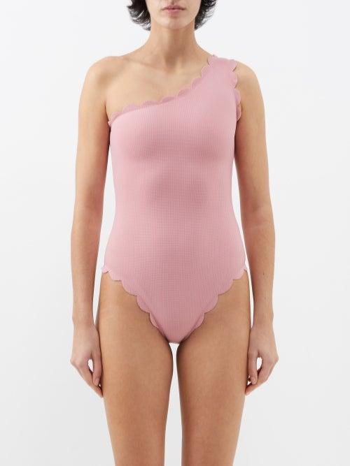 Marysia - Santa Barbara One-shoulder Scallop-edge Swimsuit - Womens - Pink Blue