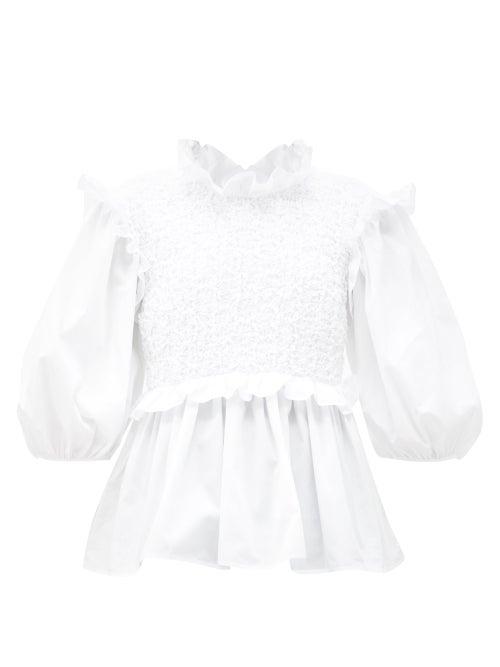 Matchesfashion.com Cecilie Bahnsen - Ruffled Smocked-bodice Cotton-poplin Blouse - Womens - White