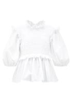 Matchesfashion.com Cecilie Bahnsen - Ruffled Smocked-bodice Cotton-poplin Blouse - Womens - White