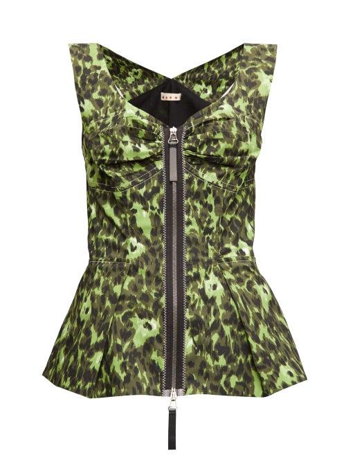 Matchesfashion.com Marni - Abstract-print Zipped Peplum-hem Top - Womens - Green Multi