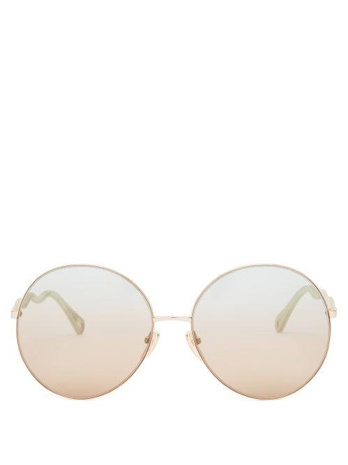 Chlo - Noore Oversized Round Metal Sunglasses - Womens - Green Gold