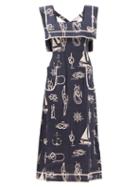 Ale Mais - Sea Queen Square-neck Nautical-print Linen Dress - Womens - Navy Print