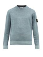 Matchesfashion.com Stone Island - Double Knitted Logo Patch Wool Sweater - Mens - Light Blue