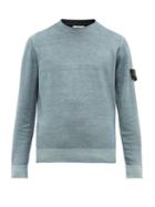 Matchesfashion.com Stone Island - Double Knitted Logo Patch Wool Sweater - Mens - Light Blue