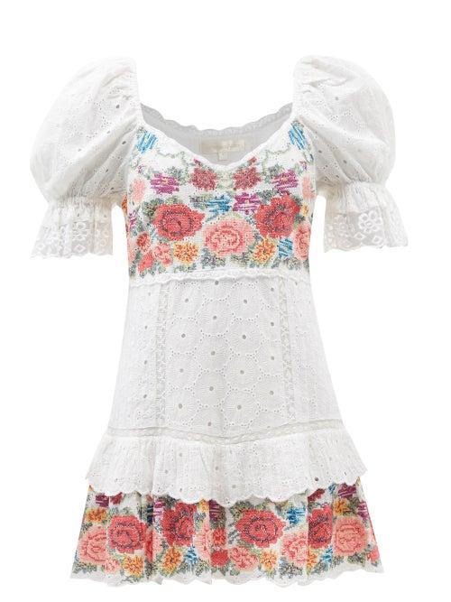 Loveshackfancy - Thressey Cross-stitched Cotton Mini Dress - Womens - White Multi