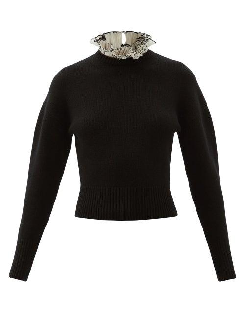 Ladies Rtw Alexander Mcqueen - Ruffled-collar Wool-blend Sweater - Womens - Black White