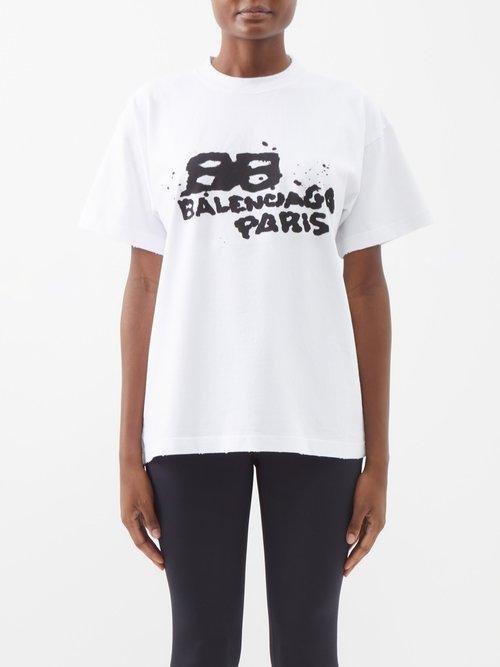 Balenciaga - Bb-logo Distressed Cotton-jersey T-shirt - Womens - White Multi