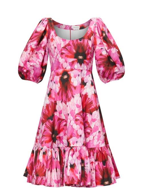 Matchesfashion.com Alexander Mcqueen - Puff-sleeved Floral-print Poplin Dress - Womens - Pink Multi