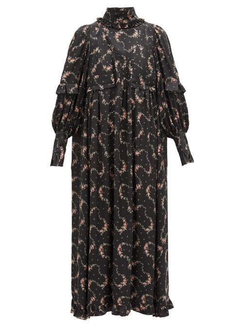 Matchesfashion.com Paco Rabanne - Ruffled Floral-print Satin Midi Dress - Womens - Black Print