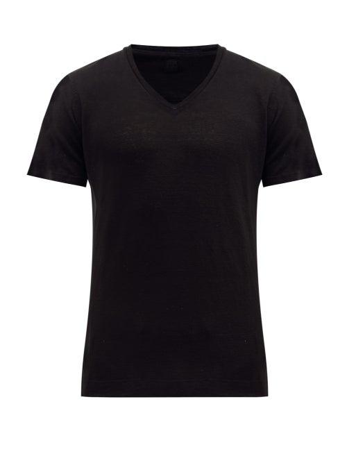 Matchesfashion.com 120% Lino - V Neck Slubbed Linen Jersey T Shirt - Mens - Black