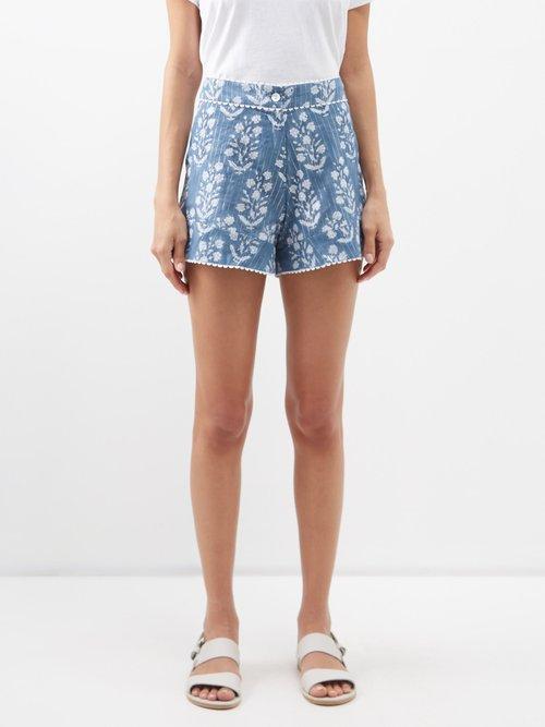 Juliet Dunn - Flower Block-print Cotton-blend Shorts - Womens - Navy Silver