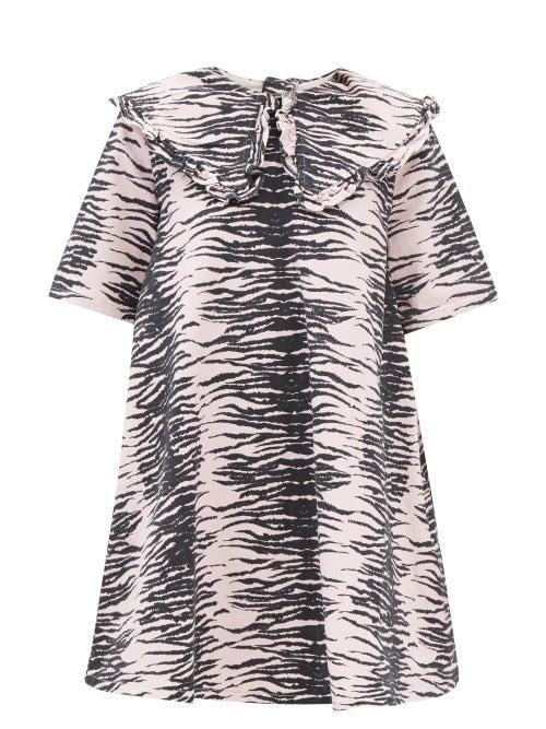 Ganni - Chelsea-collar Zebra-print Denim Mini Dress - Womens - Pink Multi